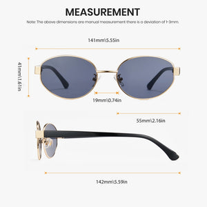 Sunglasses with dimensions labeled on a white background