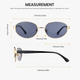 Sunglasses with dimensions labeled on a white background