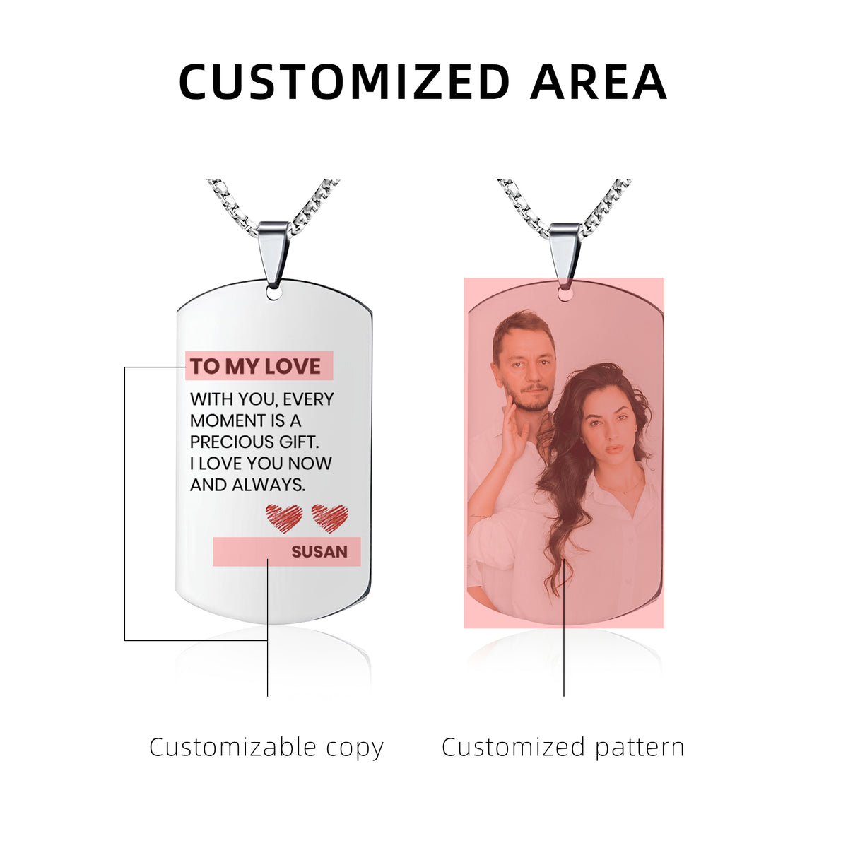 Nom personnalisé Collier Photo, Nom des photos personnalisées Nom sur le collier pour les amants ou les cadeaux pour père, Cadeaux de couple + boîte-cadeau personnalisée, acier inoxydable Image principale du produit