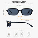 Measurement chart of black sunglasses with dimensions on a white background
