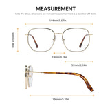 Measurement chart of eyeglasses with dimensions labeled on a white background