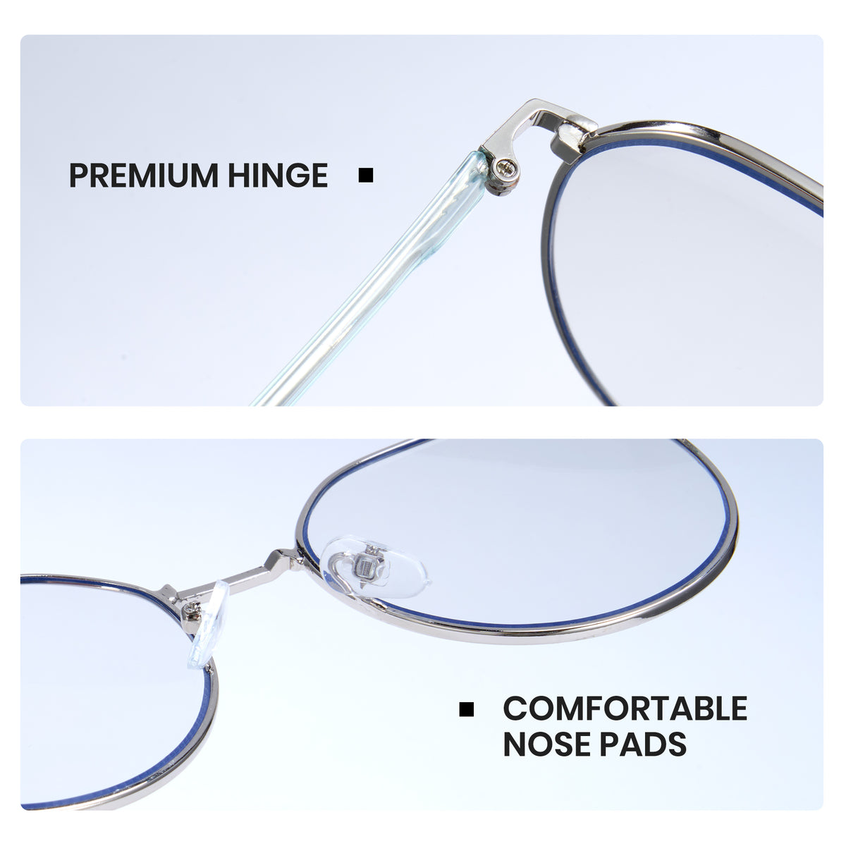 Close-up of eyeglasses with highlighted premium hinge and comfortable nose pads on a light blue background.