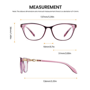 Measurement chart of a pair of glasses with dimensions labeled.