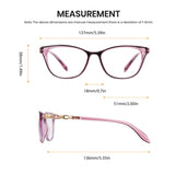 Measurement chart of a pair of glasses with dimensions labeled.