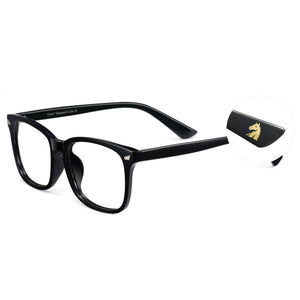 Glossy black limited edition blue light glasses, rectangle PC frame, temple logo, anti-blue ray