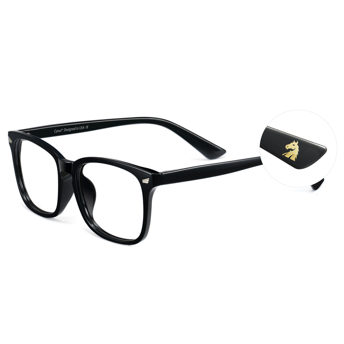 Glossy black limited edition blue light glasses, rectangle PC frame, temple logo, anti-blue ray