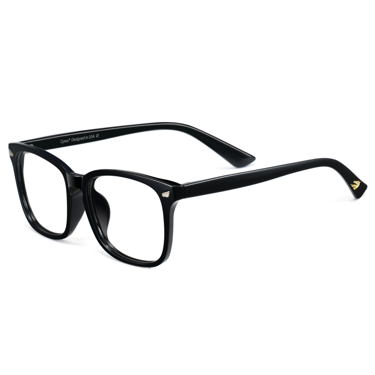Glossy black limited edition blue light glasses, rectangle PC frame, temple logo, anti-blue ray