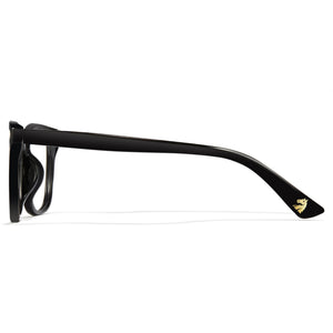 Glossy black limited edition blue light glasses, rectangle PC frame, temple logo, anti-blue ray