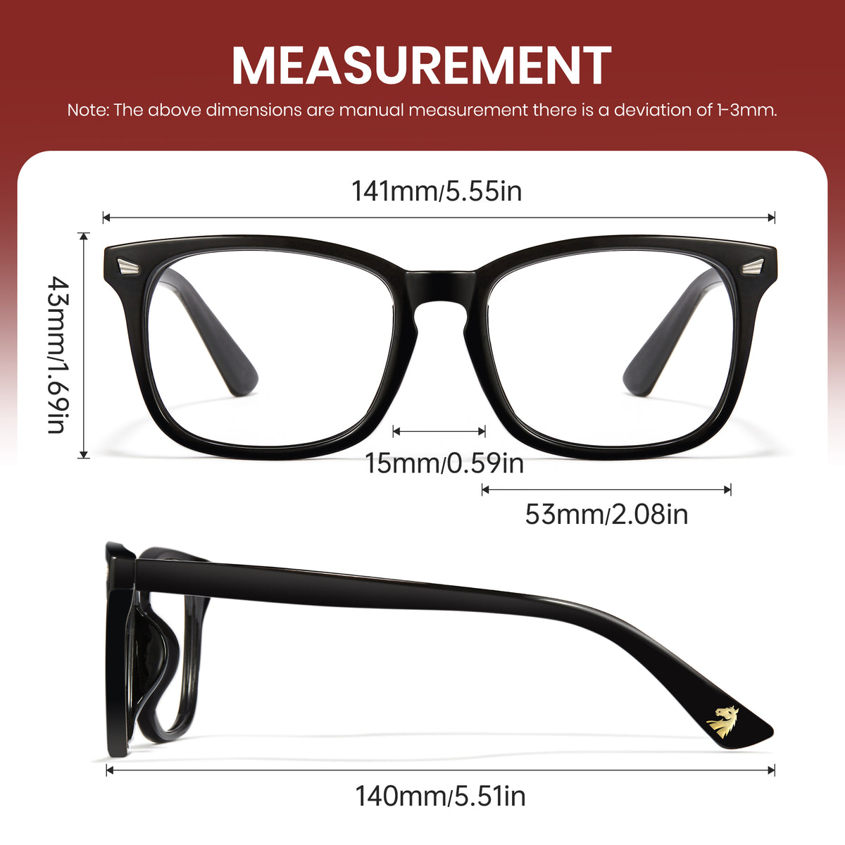 Glossy black limited edition blue light glasses, rectangle PC frame, temple logo, anti-blue ray