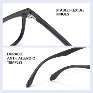 Close-up of eyeglass frame highlighting stable flexible hinges and durable anti-allergic temples.