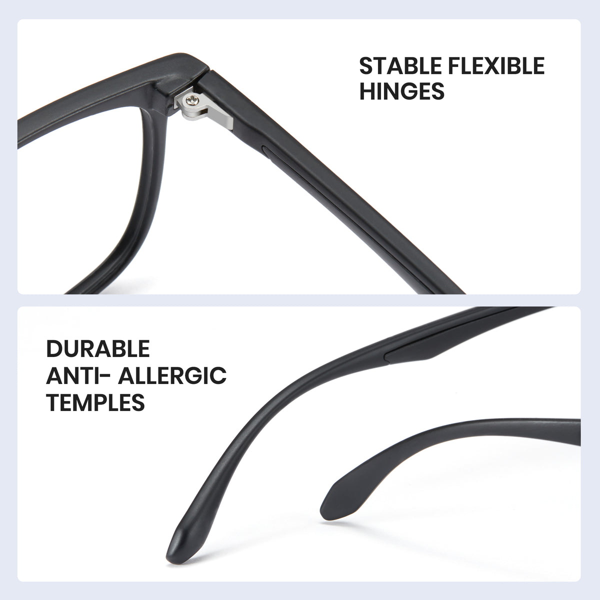 Close-up of eyeglass frame highlighting stable flexible hinges and durable anti-allergic temples.