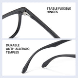Close-up of eyeglass frame highlighting stable flexible hinges and durable anti-allergic temples.