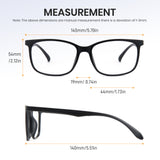 Black eyeglasses with measurements on a white background
