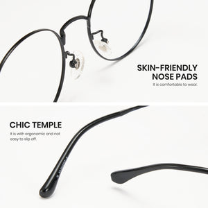 Black eyeglasses with text highlighting skin-friendly nose pads and chic temple design on a white background.