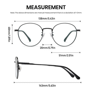 Measurement chart of round eyeglasses with dimensions on a white background