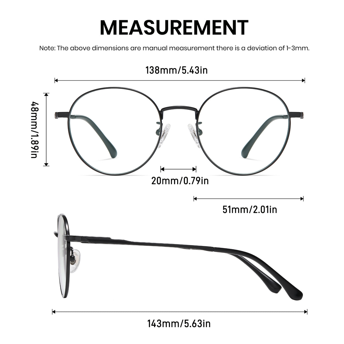 Measurement chart of round eyeglasses with dimensions on a white background