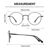 Measurement chart of round eyeglasses with dimensions on a white background