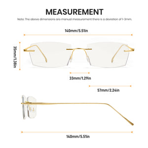 Gold rimless eyeglasses with measurements on a white background