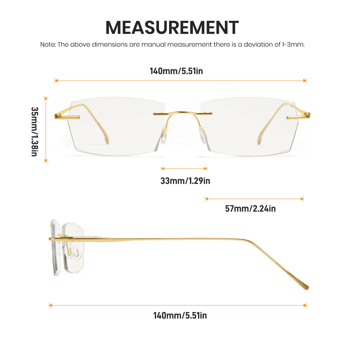 Gold rimless eyeglasses with measurements on a white background