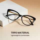 Black cat-eye glasses on a white block with 'TR90 Material' text on a beige background