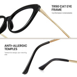 Black cat-eye glasses with gold accents on a white background