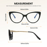 Measurement chart of a pair of eyeglasses with dimensions labeled.