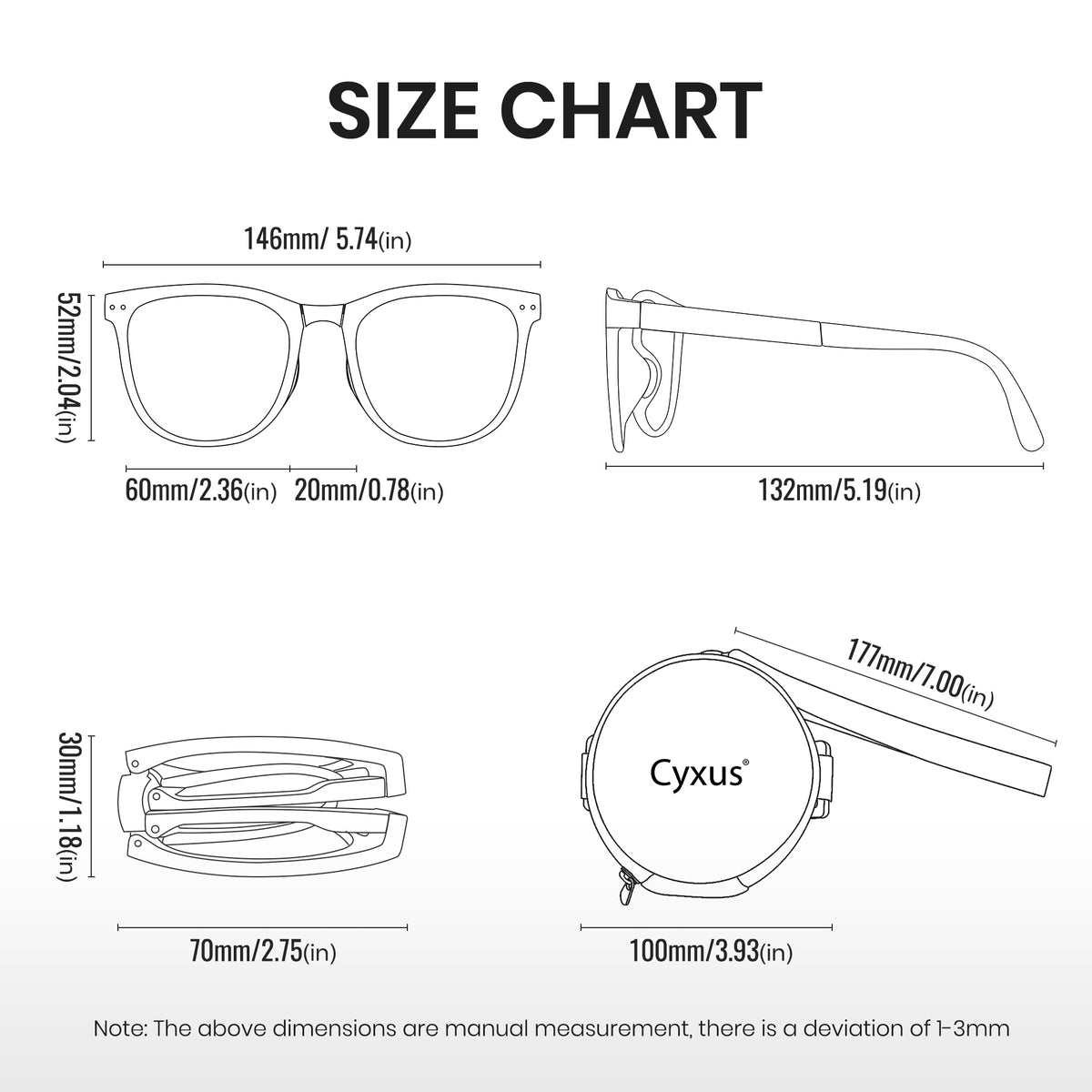Folding anti-blue light TR 90 glasses size chart