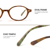 Brown oval frame glasses with text on a white background