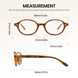 Measurement chart of a pair of glasses with dimensions labeled.