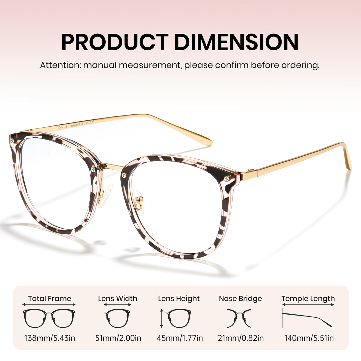 Product dimension diagram for a pair of eyeglasses, showing a front view of the glasses with gold metal temples and a brown-and-white patterned acetate frame, plus text and measurement icons indicating total frame, lens width, lens height, nose bridge, and temple length.