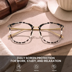 White Leopard Print Retro Round TR 90 Frame Glasses Jola-Clip-On Spring Hinge