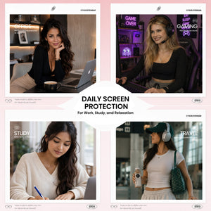 A promotional collage for daily screen protection featuring four lifestyle panels with women using laptops, gaming, studying, and traveling, plus centered text reading 'DAILY SCREEN PROTECTION For Work, Study, and Relaxation'.