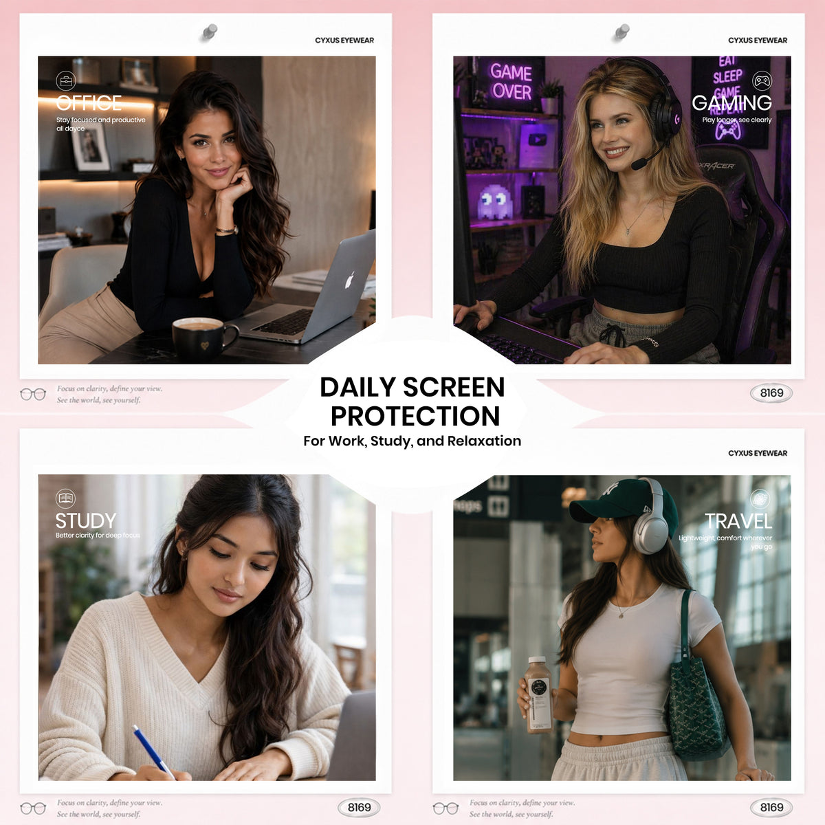 A promotional collage for daily screen protection featuring four lifestyle panels with women using laptops, gaming, studying, and traveling, plus centered text reading 'DAILY SCREEN PROTECTION For Work, Study, and Relaxation'.