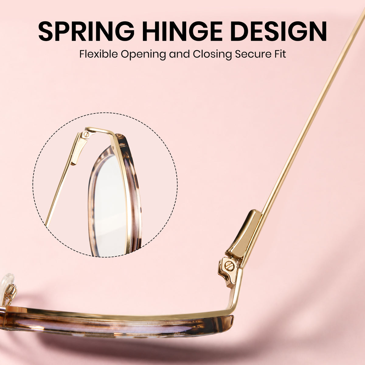 Gold metal eyeglass frame detail on a soft pink background with text reading 'SPRING HINGE DESIGN' and a circular inset showing the hinge mechanism.