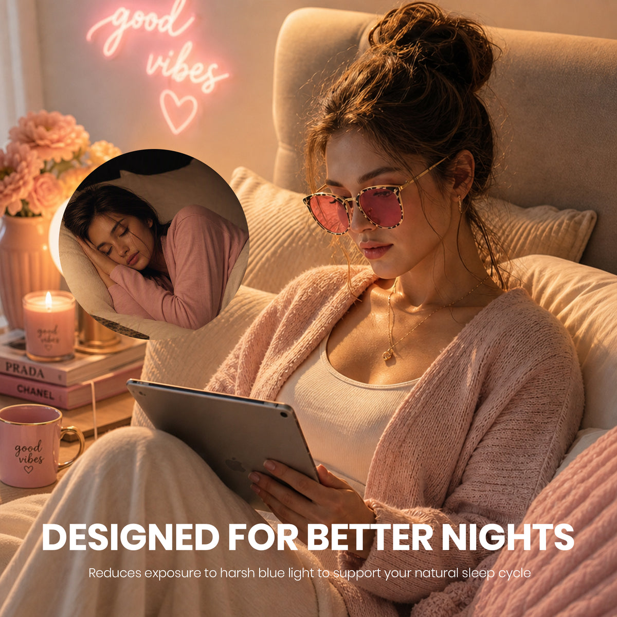 Wearing pink lens sleep glasses at night to block blue light, bean pattern frame for cozy reading