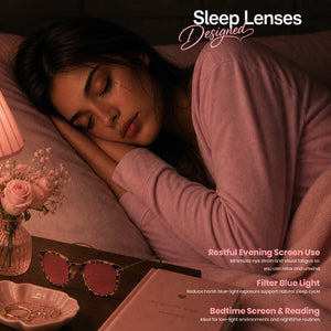 Wearing pink lens sleep glasses at night to block blue light, bean pattern frame for cozy reading