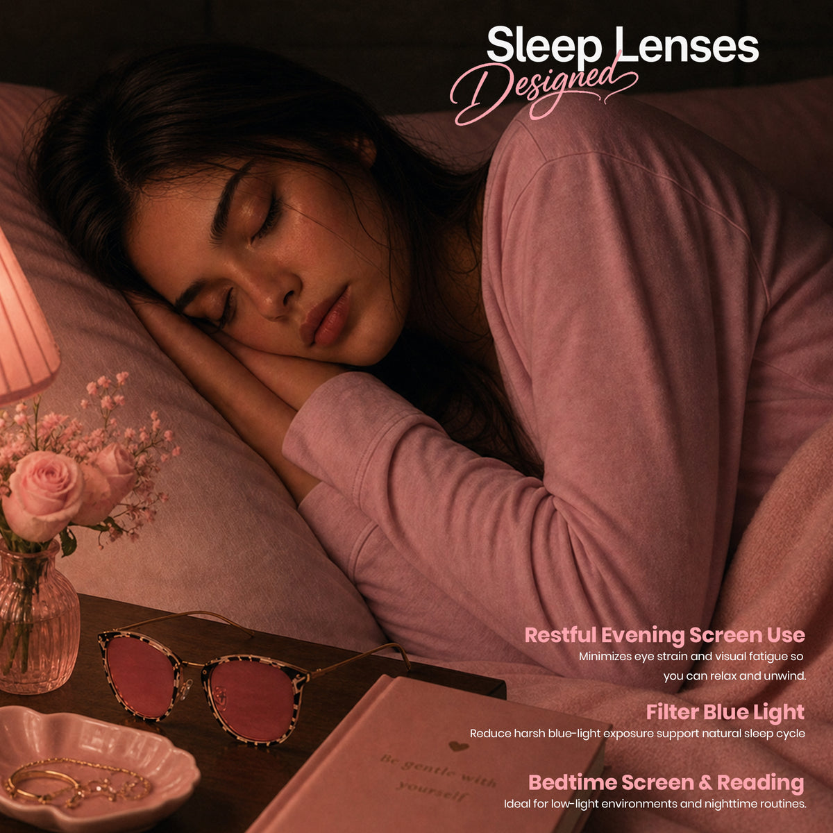 Wearing pink lens sleep glasses at night to block blue light, bean pattern frame for cozy reading