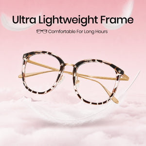 Oversized square eyeglasses with a tortoiseshell patterned acetate frame and gold metal temples, shown floating on a pink background with text reading 'Ultra Lightweight Frame' and 'Comfortable For Long Hours'.