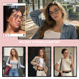 A promotional collage for screen comfort eyeglasses, featuring a large photo of a woman wearing round cat-eye style glasses with a warm yellow-orange screen glow overlay, plus three smaller outfit photos below and an Instagram-style inset. Text reads 'ALL DAY SCREEN COMFORT' and 'For Work/Meetings/Study/Remote Work.