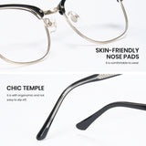 Eyeglasses with skin-friendly nose pads and chic temple design on a white background