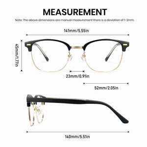 Measurement chart of a pair of eyeglasses with dimensions labeled.