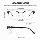 Measurement chart of a pair of eyeglasses with dimensions labeled.