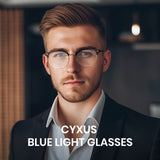 Man wearing glasses with 'Cyxus Blue Light Glasses' text overlay