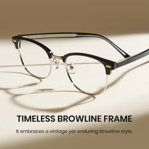 Eyeglasses with a timeless browline frame on a beige background