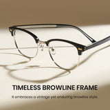 Eyeglasses with a timeless browline frame on a beige background