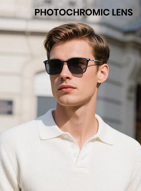 Man wearing sunglasses with 'Photochromic Lens' text in the background