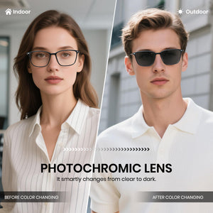 Two people wearing glasses with photochromic lenses, one indoors and one outdoors.