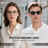 Two people wearing glasses with photochromic lenses, one indoors and one outdoors.