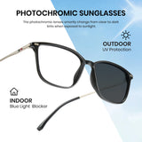 Photochromic sunglasses with text on outdoor UV protection, indoor blue light blocker, and clear to dark tint change.