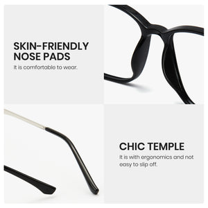 8208 Black Cyxus TR 90 photochromic eyeglasses with text highlighting skin-friendly nose pads and chic temple design on a white background.